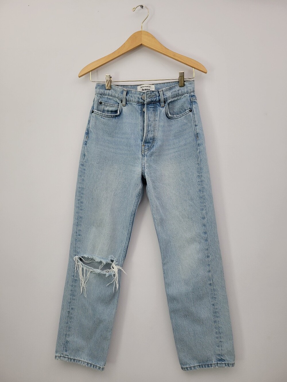 Reformation High Rise Straight Leg Organic Cotton Jeans Destroyed Tahoe Sz 25